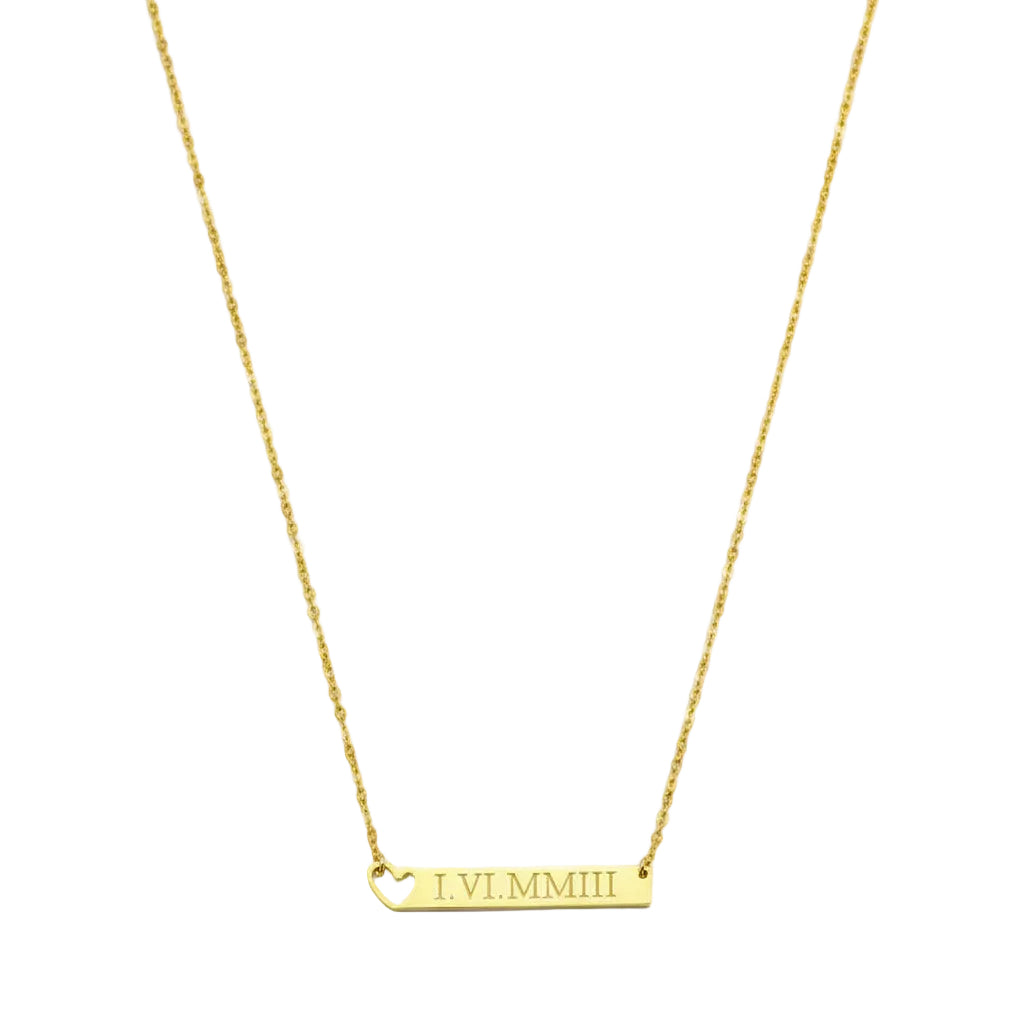 Gold necklace with a bar pendant displaying Roman numerals on a white background